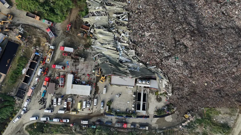 An aerial view after a huge mound of garbage collapsed at a waste segregation facility in Binaliw, Cebu city on Friday, Jan. 9, 2026. (AP Photo/Jacqueline Hernandez)