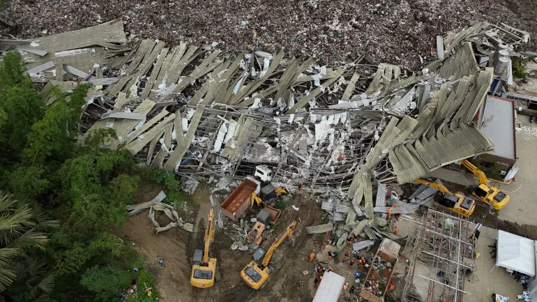 An aerial view after a huge mound of garbage collapsed at a waste segregation facility in Binaliw, Cebu city on Friday, Jan. 9, 2026. (AP Photo/Jacqueline Hernandez)