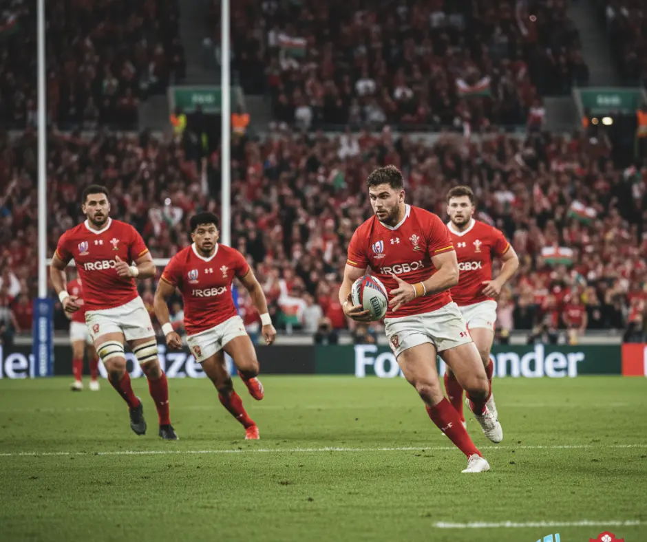 مجموعة من لاعبي المنتخب الويلزي بالقمصان الحمراء يقودون هجوماً في مباراة رسمية بمونديال الرجبي 2026، مع التركيز على ملامح الحماس والتحدي.