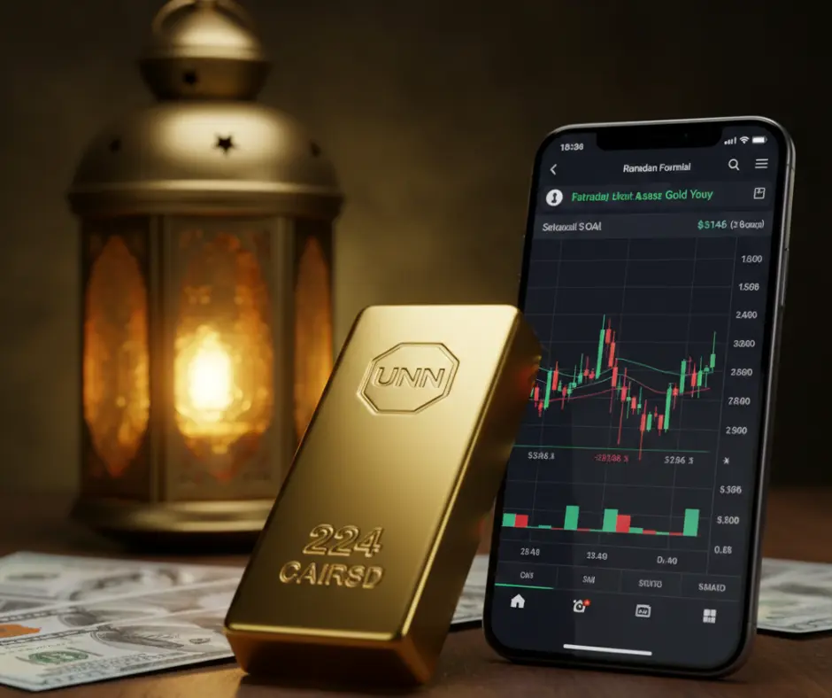 مشهد احترافي يجمع بين العملات الورقية (دولار) وسبائك الذهب مع إضاءة رمضانية هادئة، يوضح الصراع بين الذهب والدولار في الأسواق المالية.