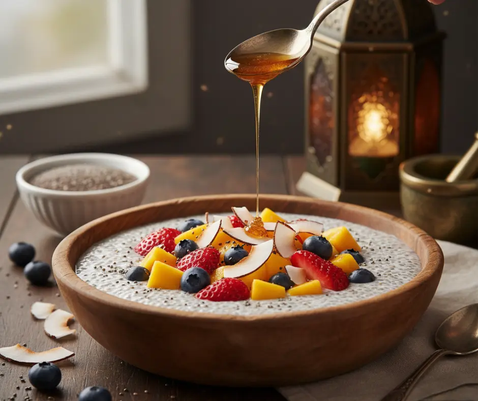 طبق خشبي به خليط بذور الشيا مع قطع المانجو والفراولة وجوز الهند بجانبه فانوس رمضاني، يوضح فوائد الشيا في الحفاظ على رطوبة الجسم.