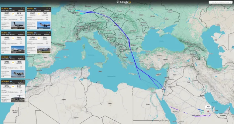 بيانات ملاحية 29 من الرحلات المرصودة نُفذت بطائرات بوينغ سي-17 آيه غلوب ماستر 3 (فلايت رادار)